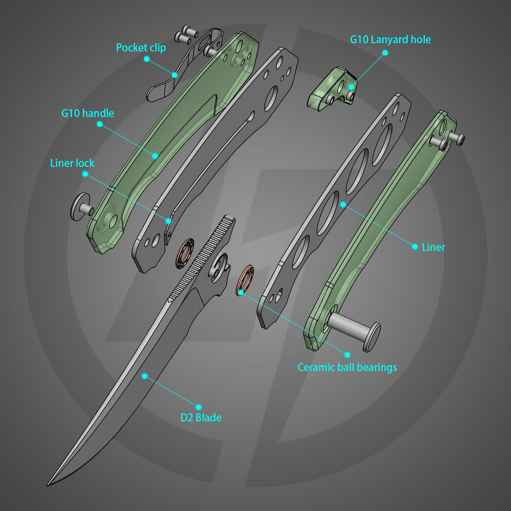 3D perspective of Crescent G059 – satin blade and Nature Green G10 handle