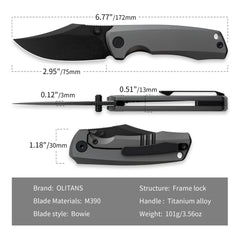 Ti-Bomber T068 Folding Knife –(2.95"+Bohler M390 +Titanium)-OLITANS