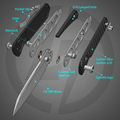 King Penguin G062 Folding Knife (3.35''+14C28N+Carbon fiber surface G10 Handle)-Crossbar Lock-Thumb Stud-Olitans