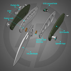 Angled view – satin blade and Army Green handle