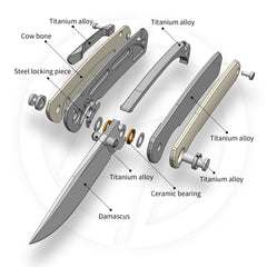 Gecko M070-DS Folding Knife(3.07''+Damascus+Cow bone)-Liner Lock-thumb stud-OLITANS