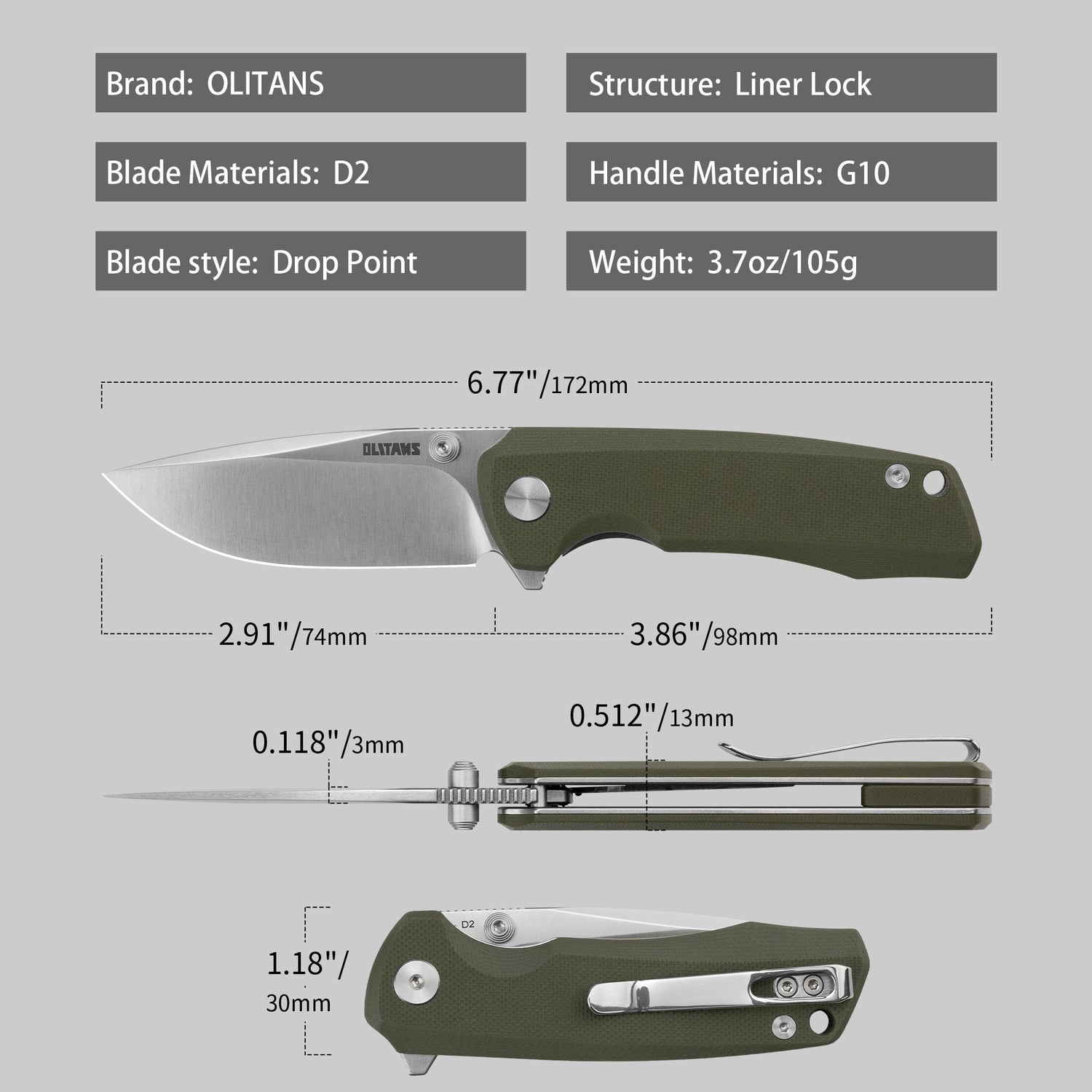 G061 Folding Knife 2.91'' D2 BLADE+G10 HANDLE- Liner LOCK-THUMB STUD
