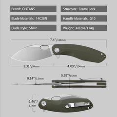 Knife dimension view – G064 green + satin