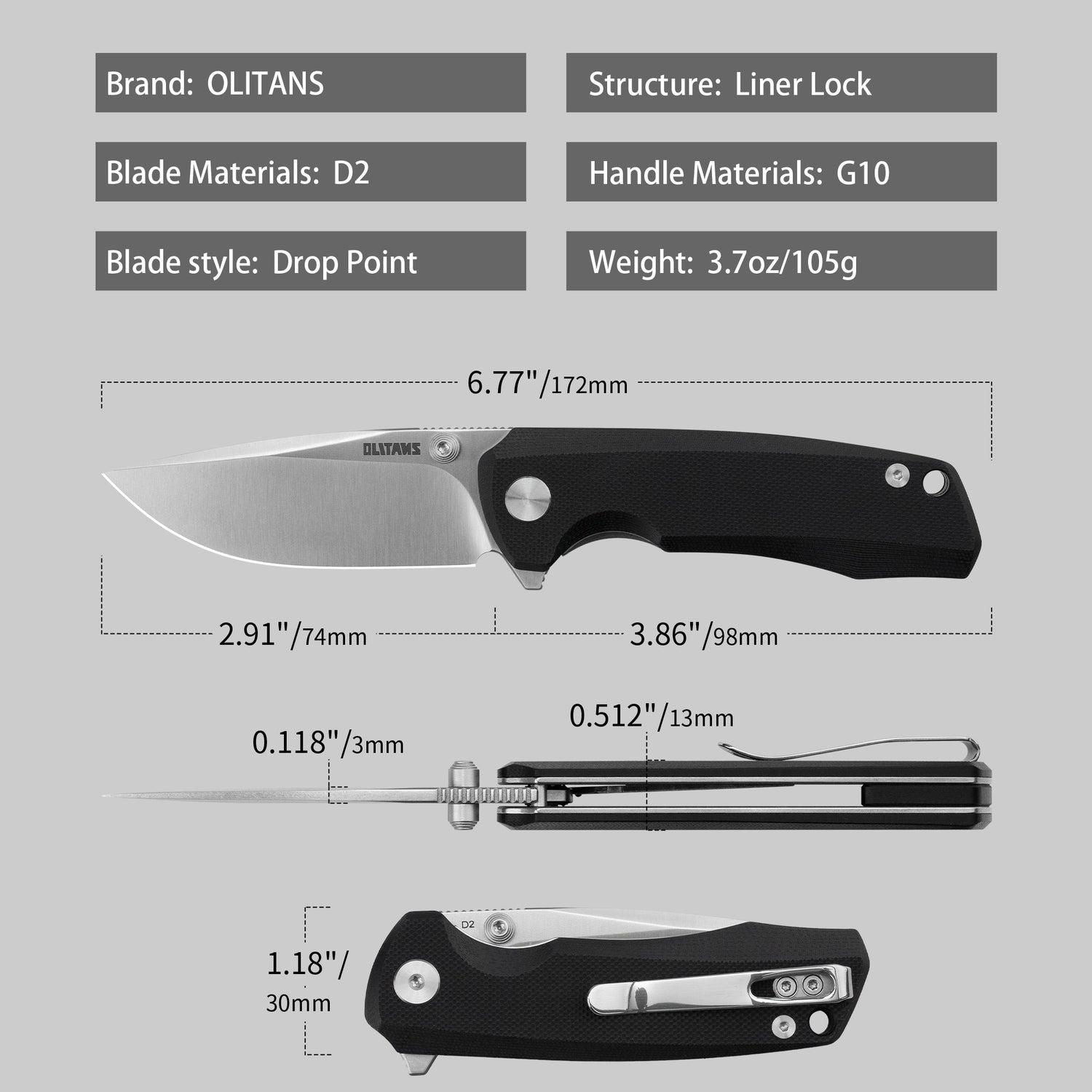 G061 Folding Knife 2.91'' D2 BLADE+G10 HANDLE- Liner LOCK-THUMB STUD