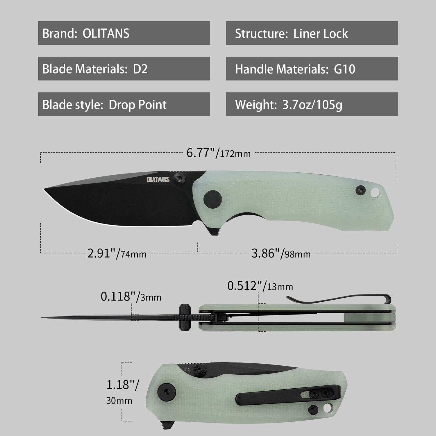 G061 Folding Knife 2.91'' D2 BLADE+G10 HANDLE- Liner LOCK-THUMB STUD