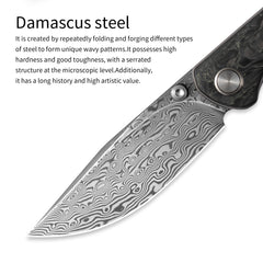 Gecko M070-DS Folding Knife(3.07''+Damascus+Carbon fibre)-Liner Lock-thumb stud-OLITANS