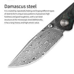 Gecko M070-DS Folding Knife(3.07''+Damascus+Carbon fibre)-Liner Lock-thumb stud-OLITANS