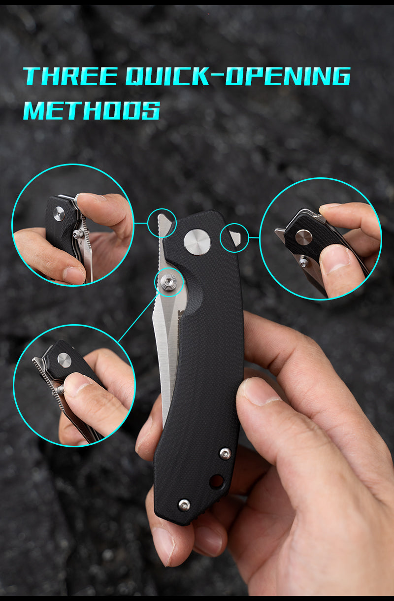 Triple opening methods on Crescent G059 – thumb stud, flipper, and front flipper