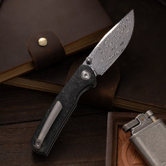 Gecko M070-DS Folding Knife(3.07''+Damascus+Carbon fibre)-Liner Lock-thumb stud-OLITANS