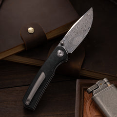Gecko M070-DS Folding Knife(3.07''+Damascus+Carbon fibre)-Liner Lock-thumb stud-OLITANS