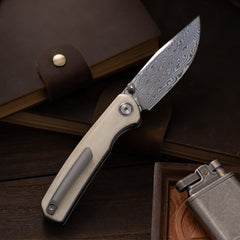 Gecko M070-DS Folding Knife(3.07''+Damascus+Cow bone)-Liner Lock-thumb stud-OLITANS