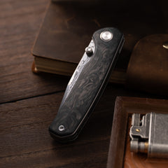 Gecko M070-DS Folding Knife(3.07''+Damascus+Carbon fibre)-Liner Lock-thumb stud-OLITANS