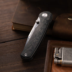 Gecko M070-DS Folding Knife(3.07''+Damascus+Carbon fibre)-Liner Lock-thumb stud-OLITANS