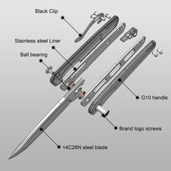 Stealth G047 3'' 14C28N Blade Pocket Knife, G10 Handle, Liner Lock, Front Flipper