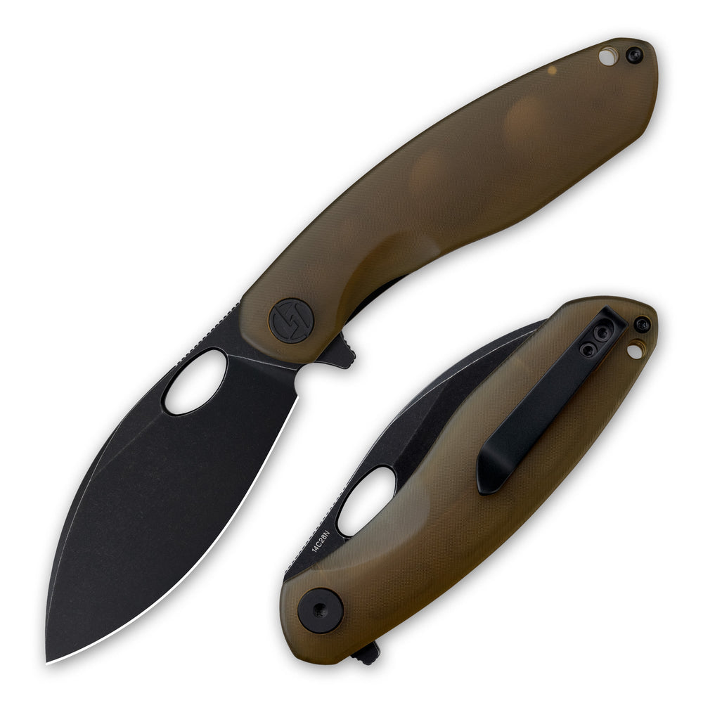 G064 folding knife with amber PEI handle and black blade – front closed