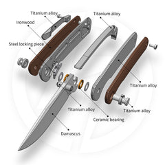 Gecko M070-DS Folding Knife(3.07''+Damascus+Wood)-Liner Lock-thumb stud-OLITANS