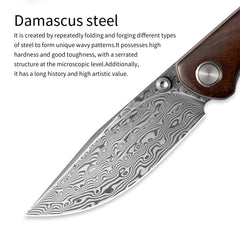 Gecko M070-DS Folding Knife(3.07''+Damascus+Wood)-Liner Lock-thumb stud-OLITANS