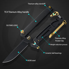 T041 Pocket Knife 2.6'' M390 Blade + Titainium Handle - Frame Lock - Flipper
