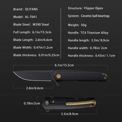 T041 Pocket Knife 2.6'' M390 Blade + Titainium Handle - Frame Lock - Flipper
