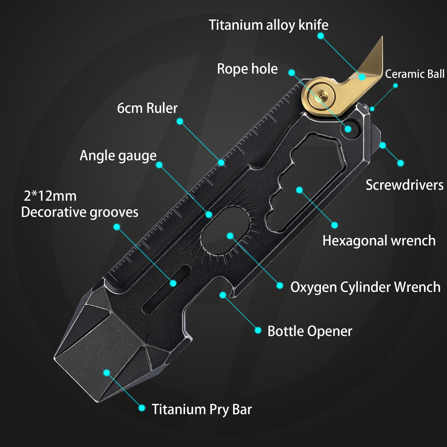 T042 Cyber Bison EDC Pry Bar Titanium Alloy Multitool(Black Coating)