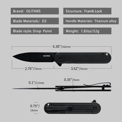 Rocket Pocket Knife(2.76'' D2 Blade+Titanium)Secure Frame Lock-Flipper-T025