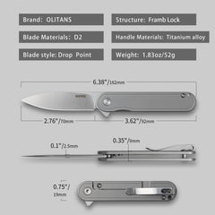 Rocket T025 Pocket Knife(2.76''+D2 Blade+Titanium)Frame Lock-Flipper