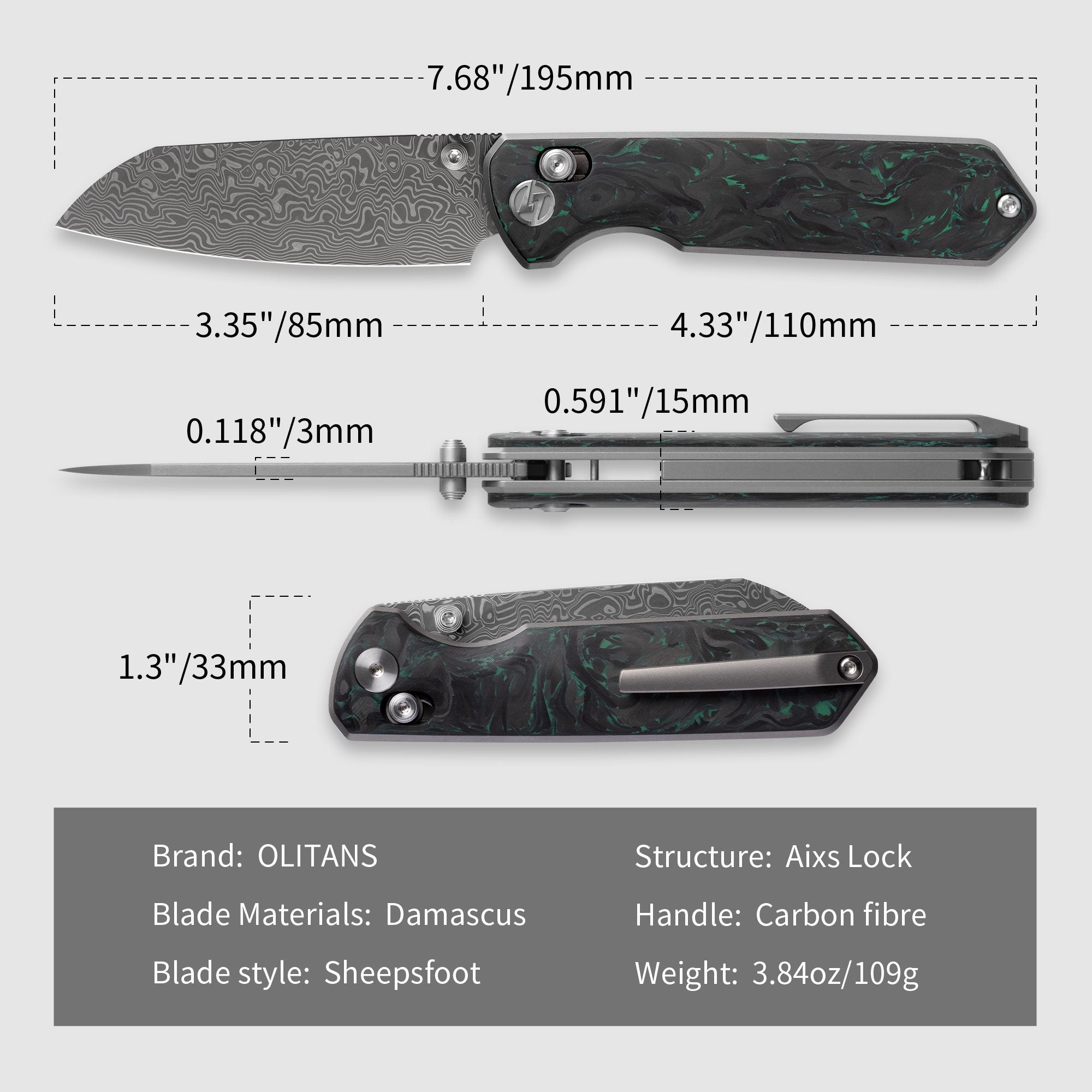 Imperial Penguin M060(3.35''+Damascus+Carbon fibre)-Axis lock-thumb stud