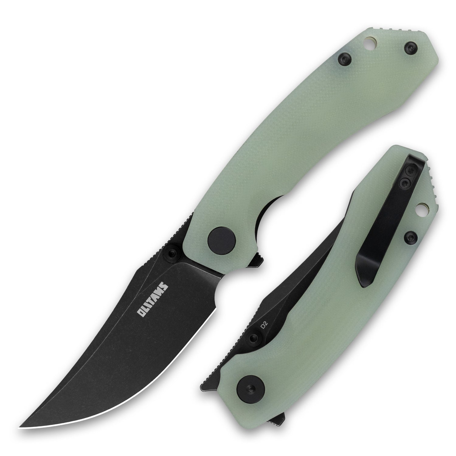 Crescent G059 folding knife in Nature Green with black D2 blade – closed view