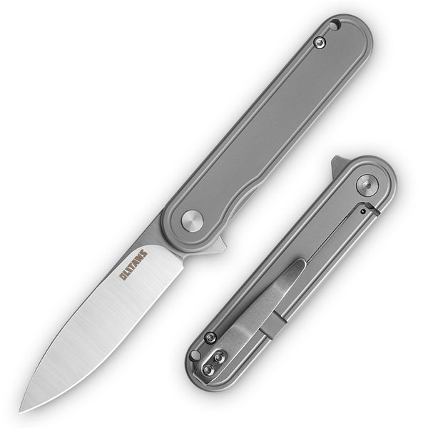 T025 EDC Pocket Knife - 2.76'' D2 Blade, Premium Titanium Handle, Secure Frame Lock & Flipper (Silver)