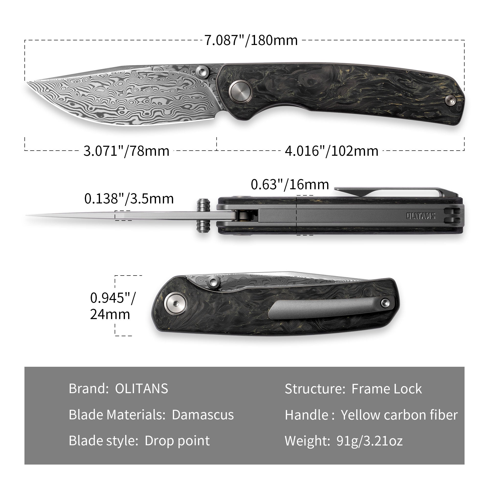 Gecko M070-DS Folding Knife(3.07''+Damascus+Carbon fibre)-Liner Lock-thumb stud-OLITANS