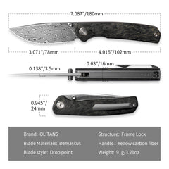 Gecko M070-DS Folding Knife(3.07''+Damascus+Carbon fibre)-Liner Lock-thumb stud-OLITANS
