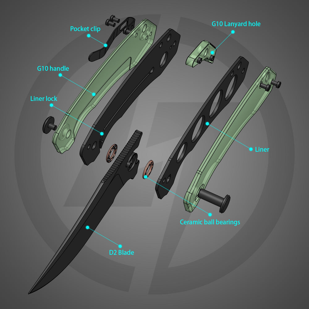 Angled 3D view of Crescent G059 folding knife – black blade, Nature Green G10 handle