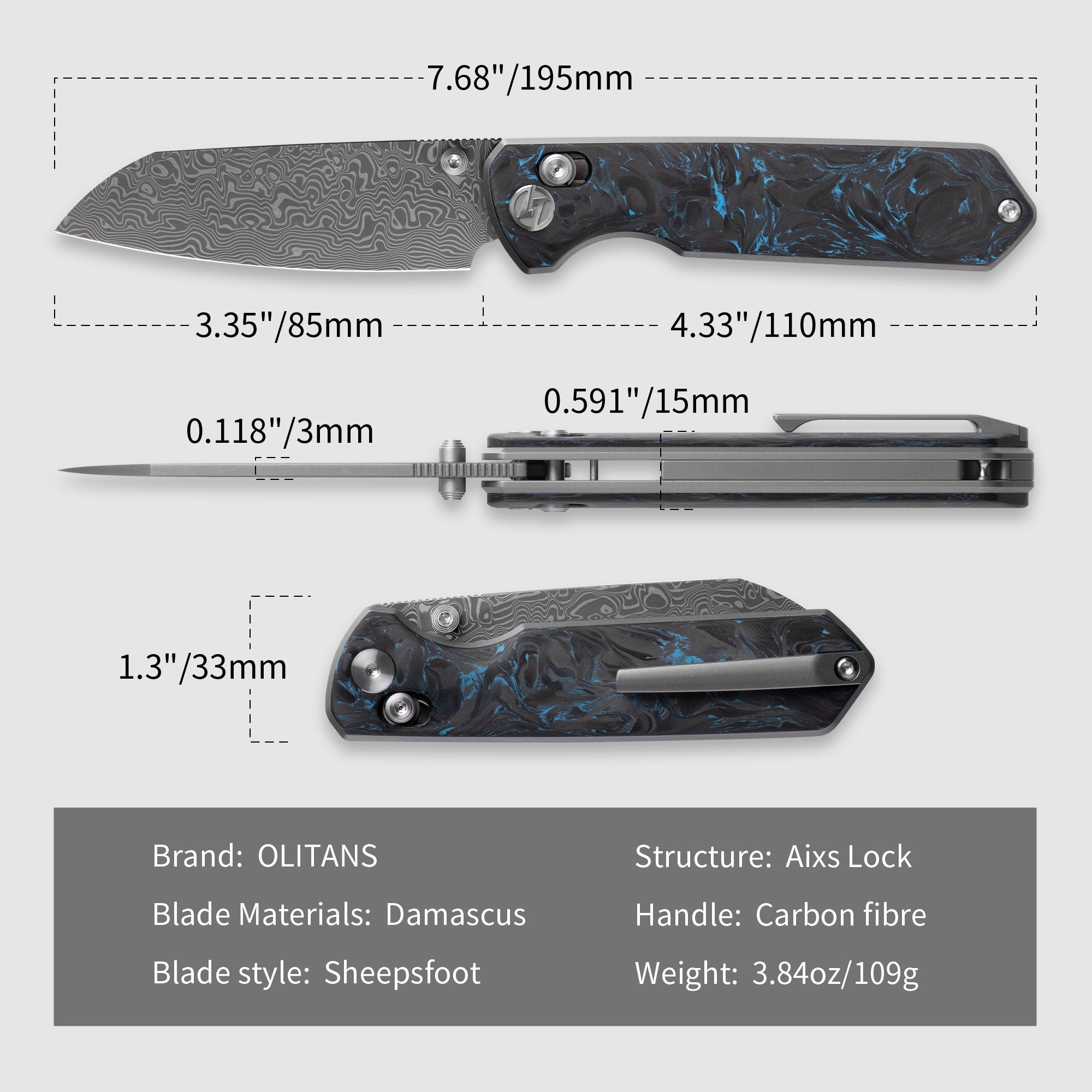 Imperial Penguin M060(3.35''+Damascus+Carbon fibre)-Axis lock-thumb stud
