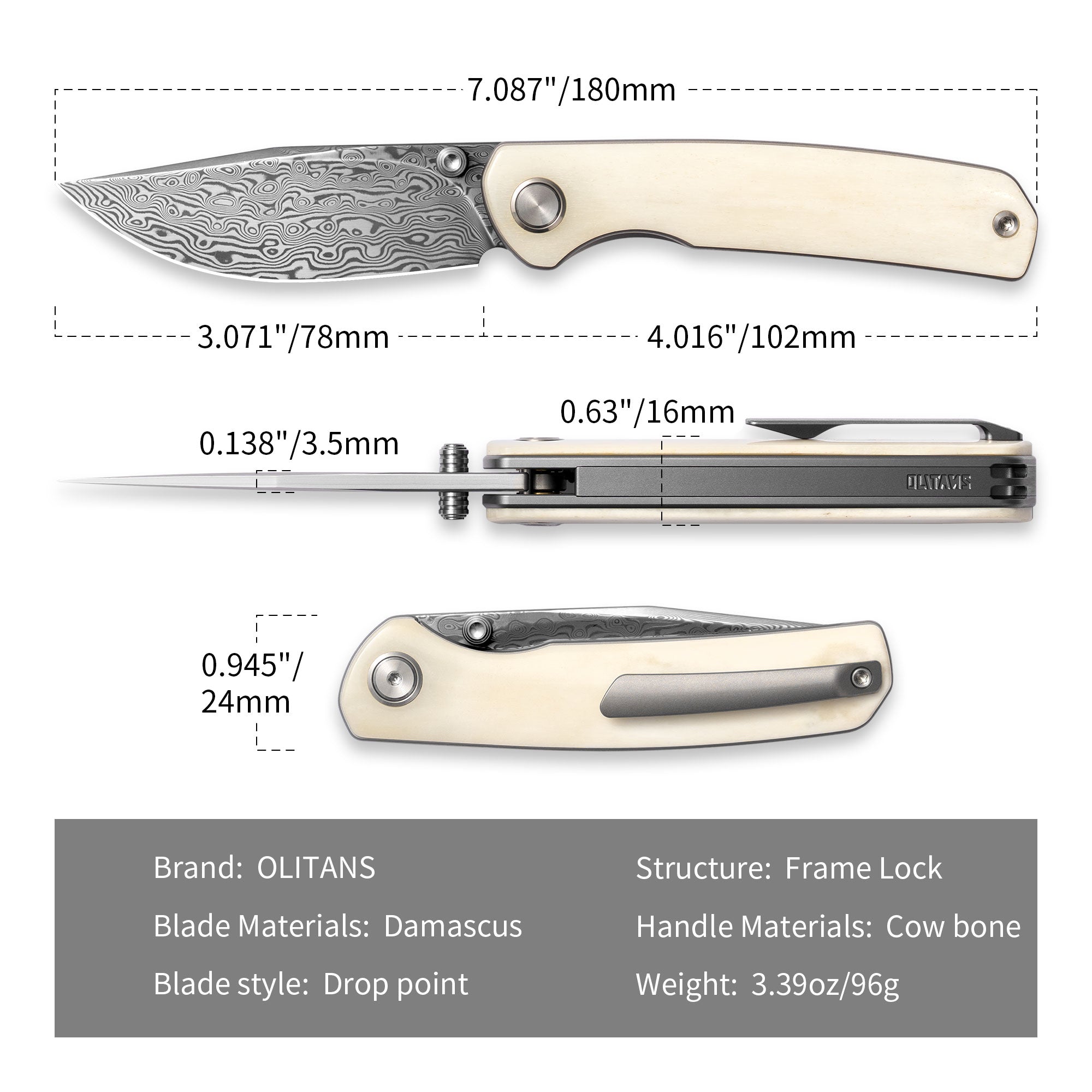 Gecko M070-DS Folding Knife(3.07''+Damascus+Cow bone)-Liner Lock-thumb stud-OLITANS