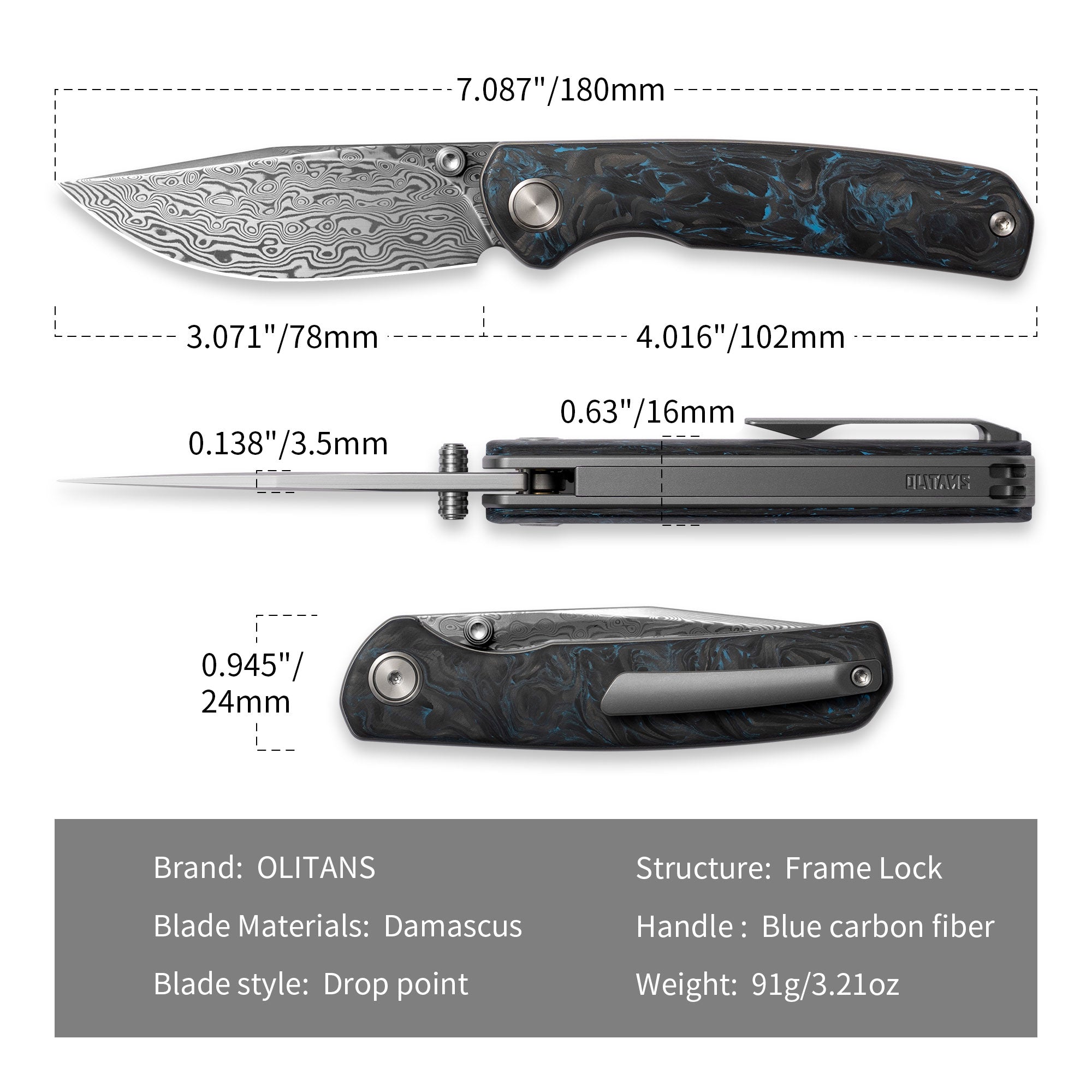 Gecko M070-DS Folding Knife(3.07''+Damascus+Carbon fibre)-Liner Lock-thumb stud-OLITANS