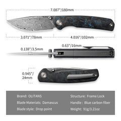 Gecko M070-DS Folding Knife(3.07''+Damascus+Carbon fibre)-Liner Lock-thumb stud-OLITANS