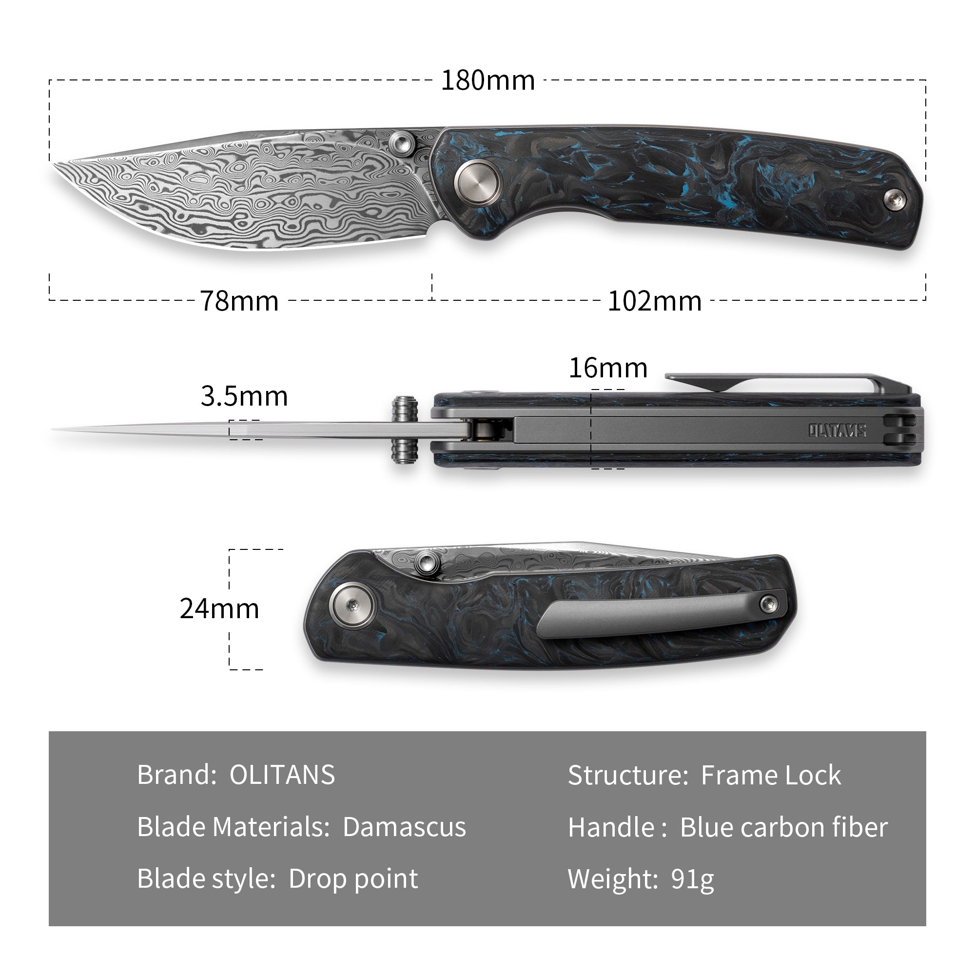 M070-DS Folding Knife(3.07''+Damascus+Carbon fibre)-Liner Lock-thumb stud-OLITANS