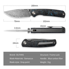 M070-DS Folding Knife(3.07''+Damascus+Carbon fibre)-Liner Lock-thumb stud-OLITANS