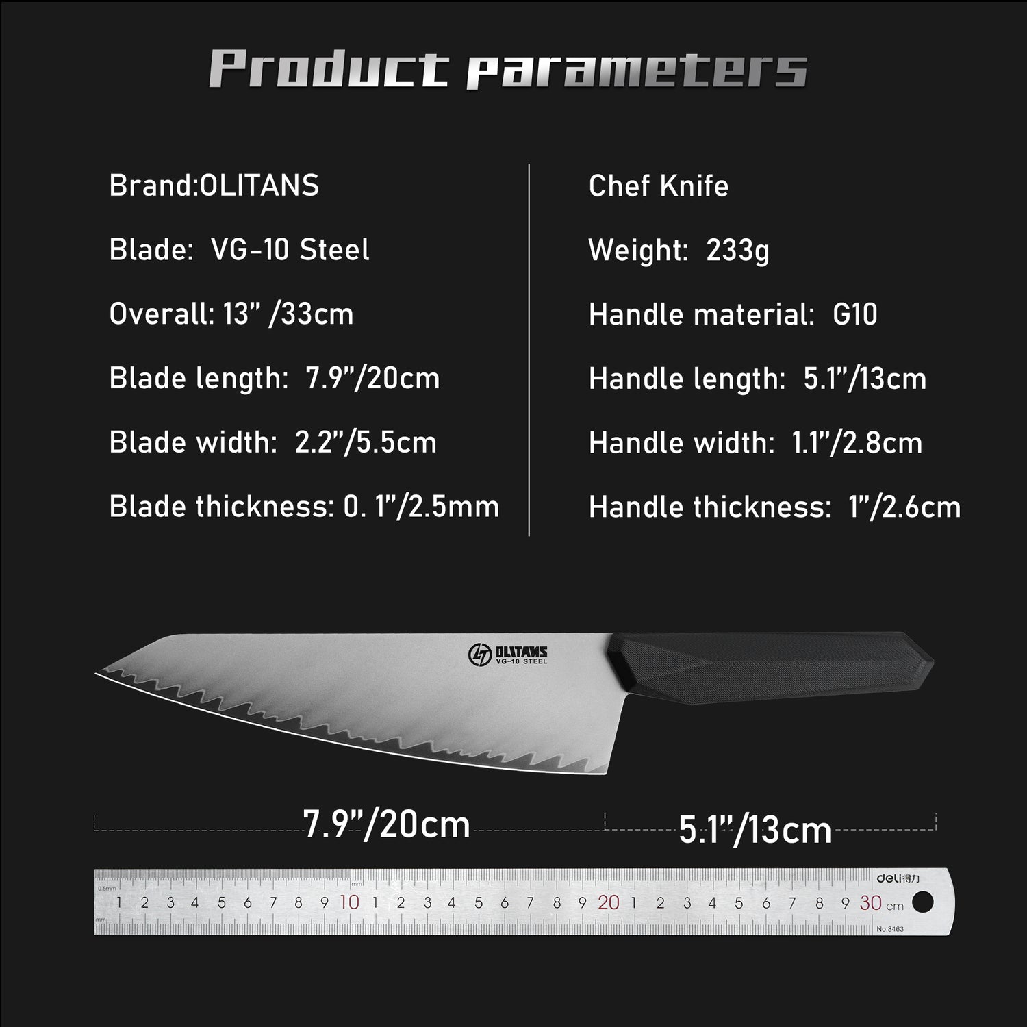 Chef's Knife, 8 in Professional Chef Kinfe VG-10, Ultra Sharp Kitchen Knife, G10 Handle (Black)