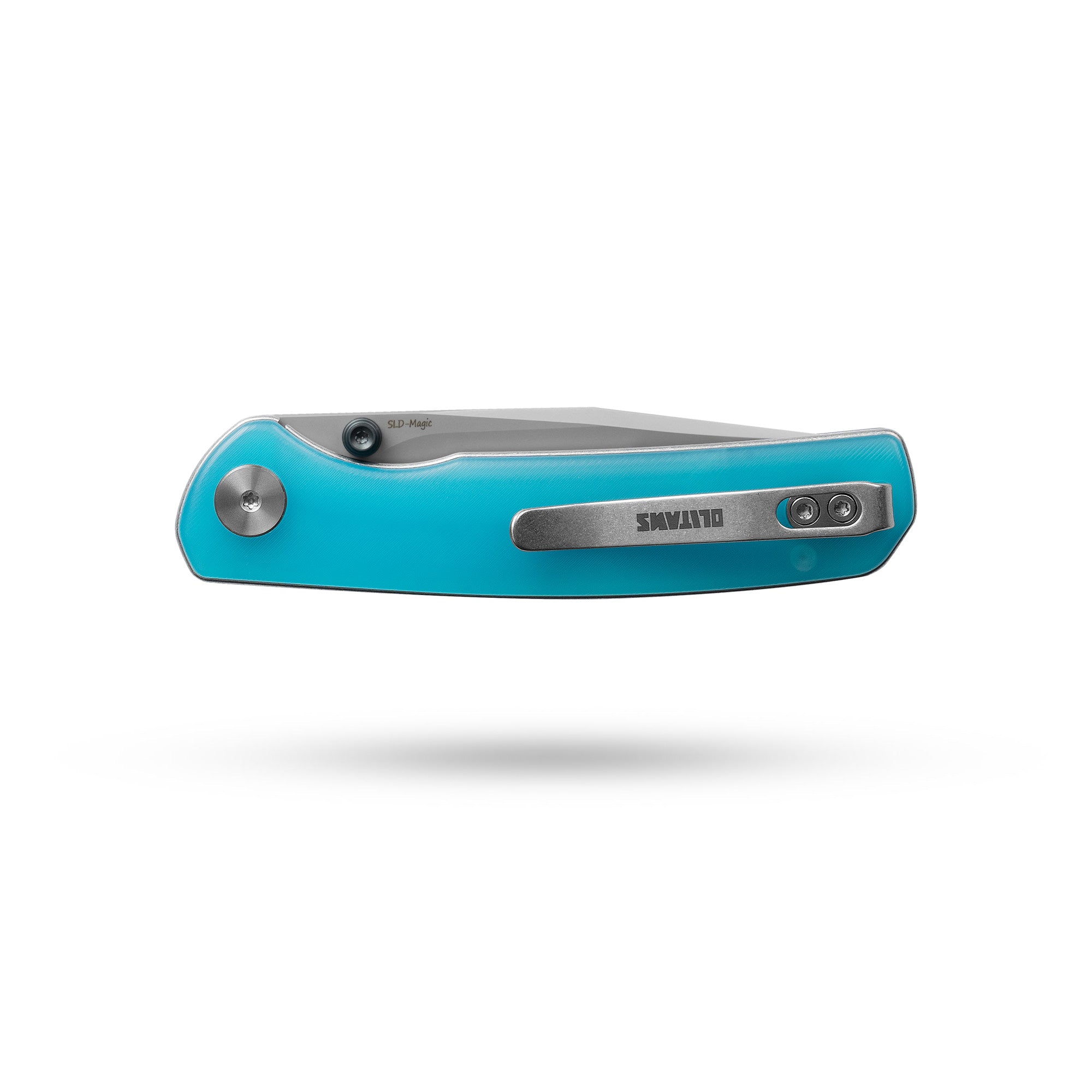 Closed OLITANS Gecko SE G080 Blue Acrylic knife showing reversible pocket clip