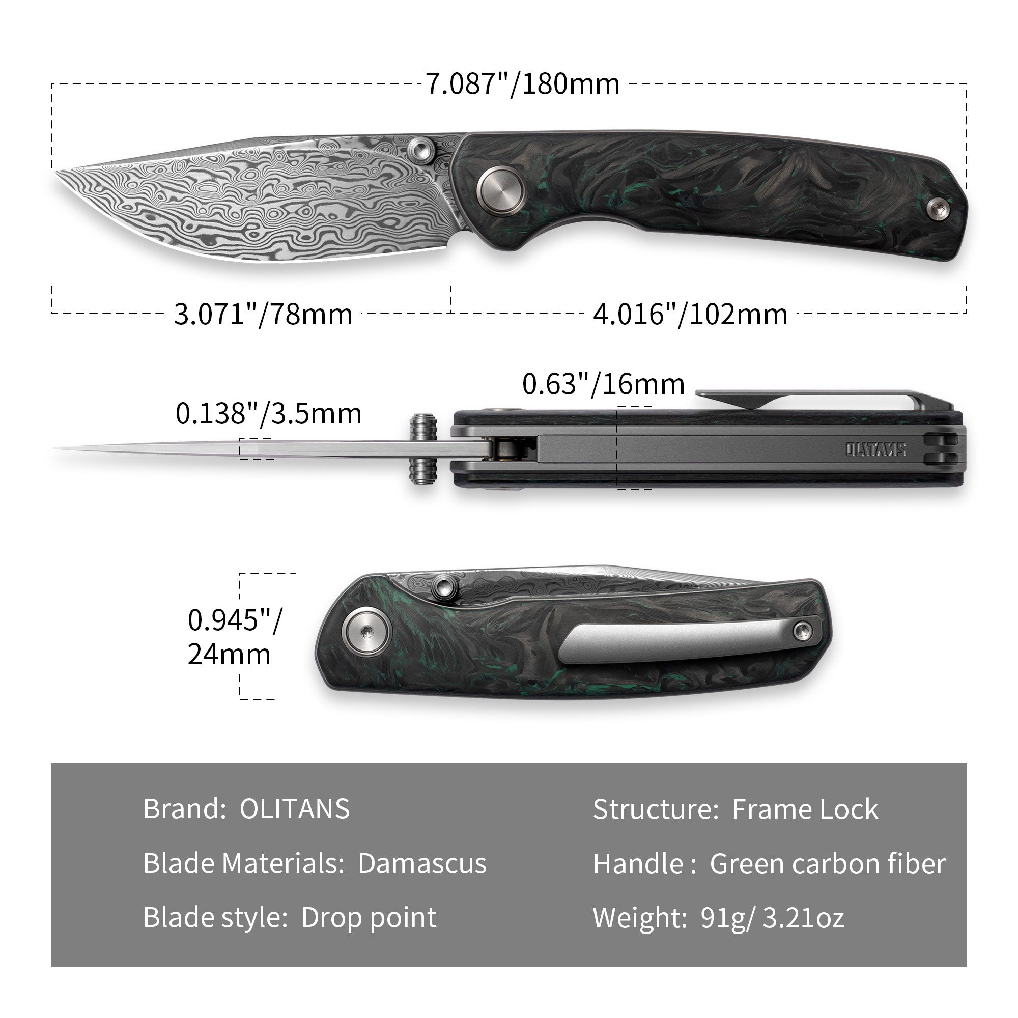 Gecko M070-DS Folding Knife(3.07''+Damascus+Carbon fibre)-Liner Lock-thumb stud-OLITANS