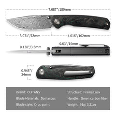 Gecko M070-DS Folding Knife(3.07''+Damascus+Carbon fibre)-Liner Lock-thumb stud-OLITANS