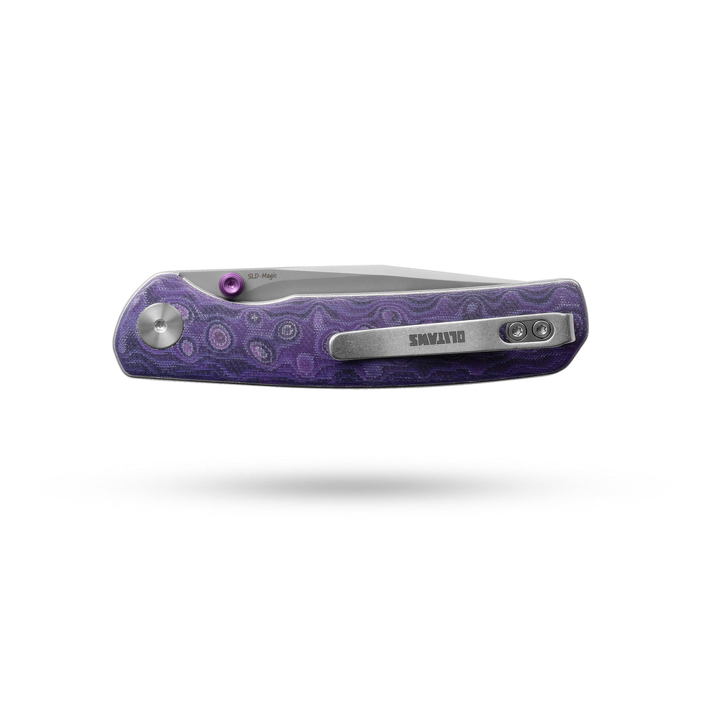 Closed OLITANS Gecko SE G080 Purple Micarta knife showing reversible pocket clip