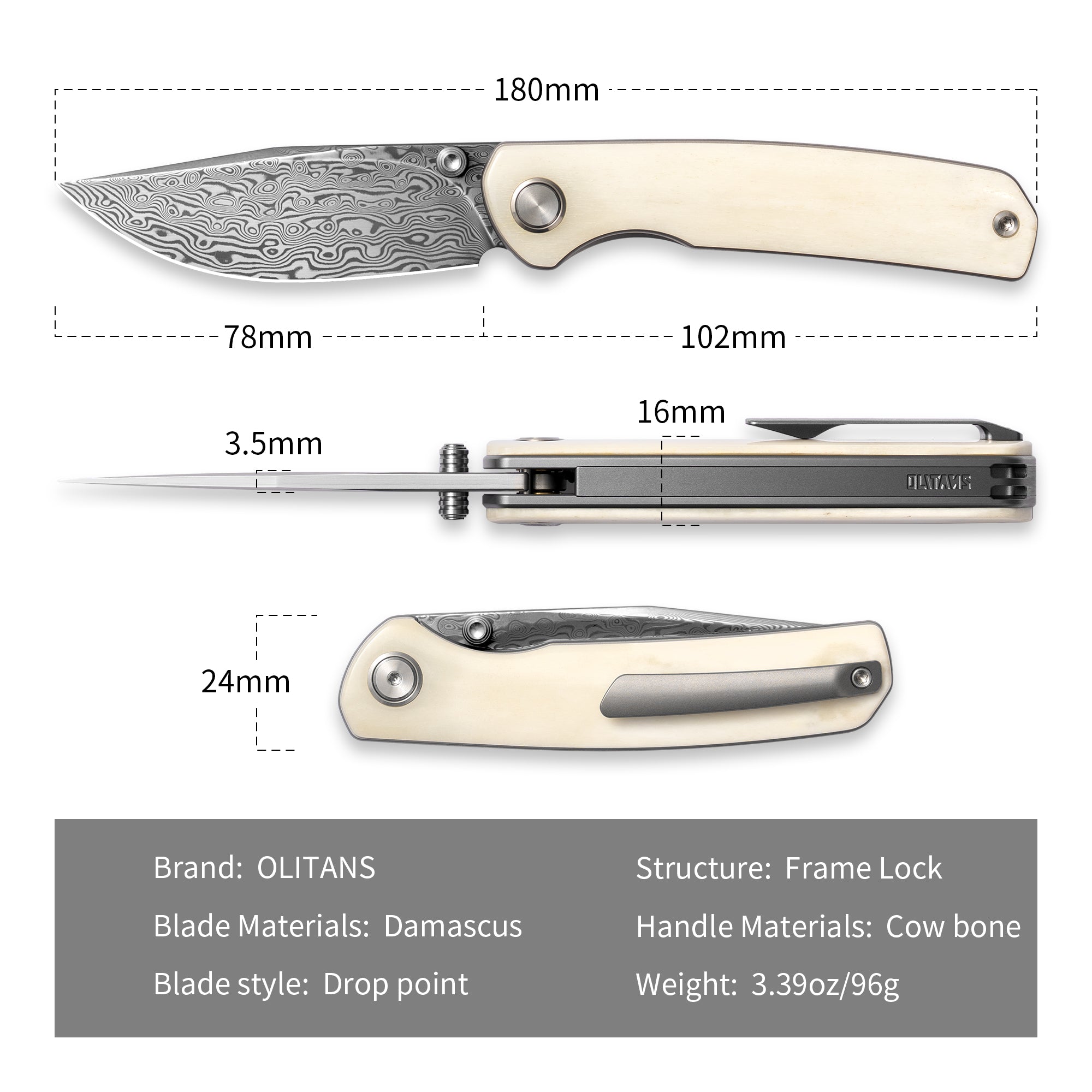 M070-DS Folding Knife(3.07''+Damascus+Cow bone)-Liner Lock-thumb stud-OLITANS