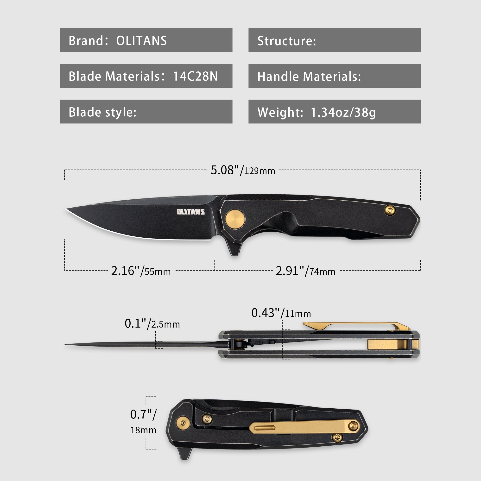 Mini Knife 2.16'' 14C28N blade + Titanium handle, Frame lock, Flipper, T019