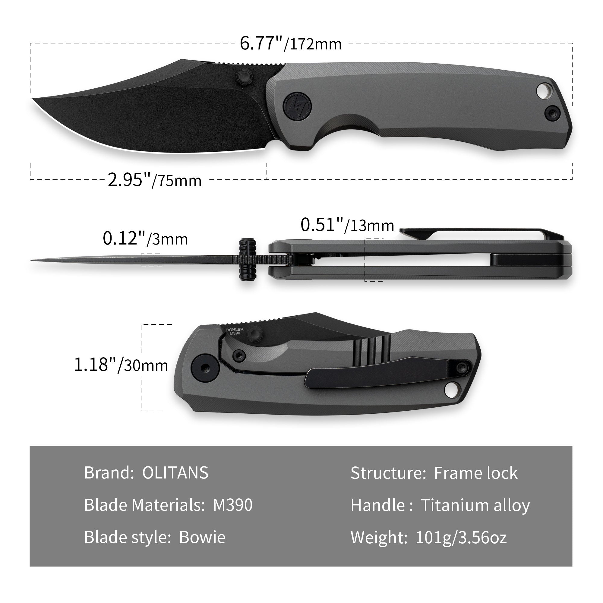 Ti-Bomber T068 Folding Knife –（2.95"+Bohler M390 +Titanium）-OLITANS