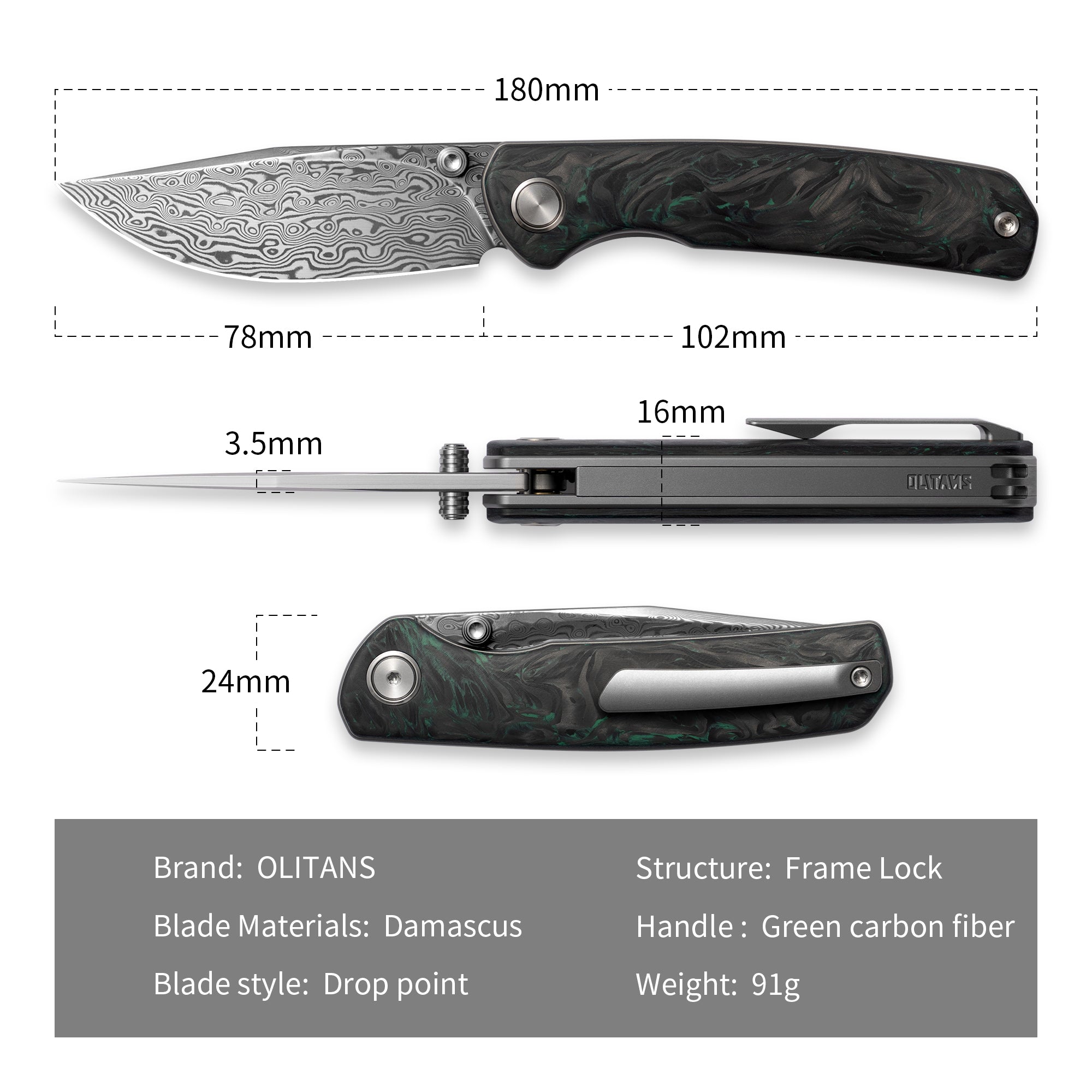 M070-DS Folding Knife(3.07''+Damascus+Carbon fibre)-Liner Lock-thumb stud-OLITANS