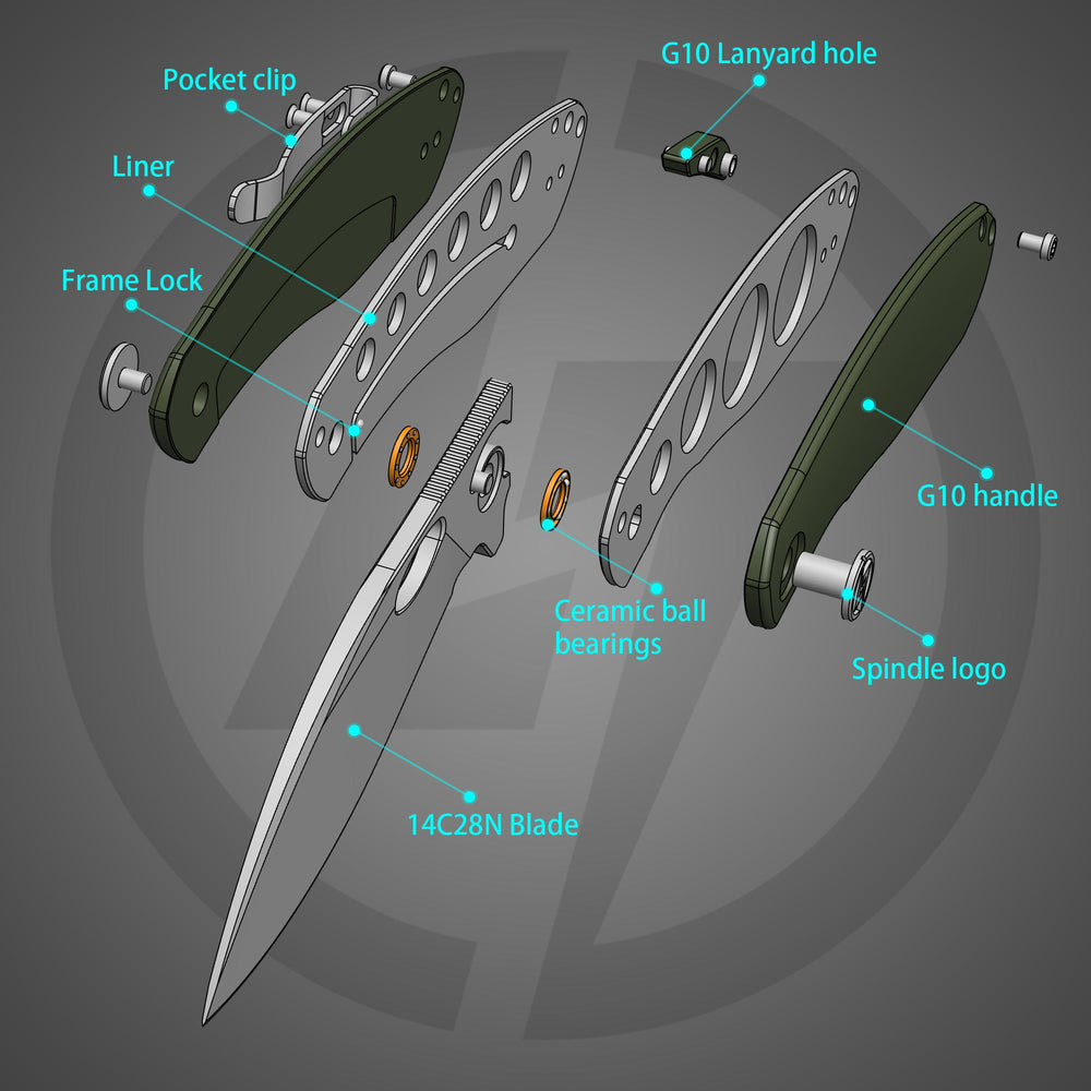 Angled view – satin blade and Army Green handle