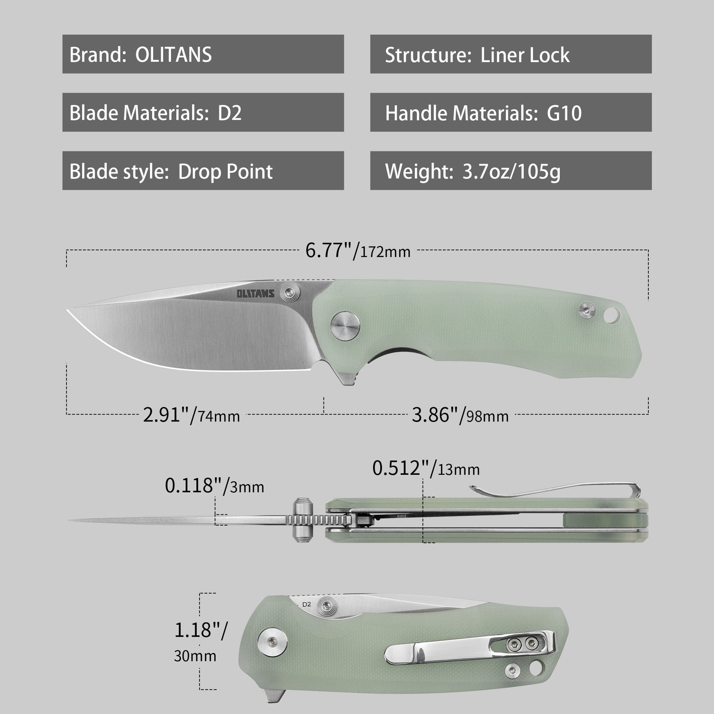 G061 2.91'' D2 BLADE+G10 HANDLE- Liner LOCK-THUMB STUD