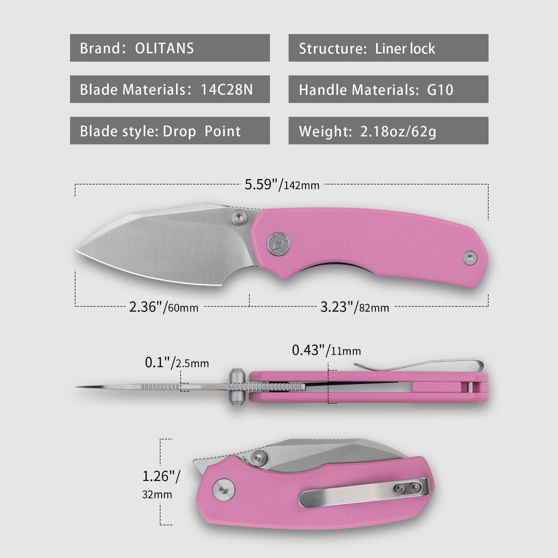 OLITANS G057 Mini Pocket Knife, 2.36'' 14C28N Steel Blade G10 handle（Pink+Satin）